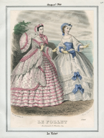 1861 Le Follet Parasol Pink Blue Swiss Waist Victorian